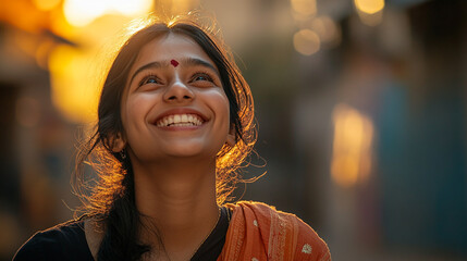 A young woman smiles joyfully against a sunset backdrop in a vibrant street scene during an early evening gathering