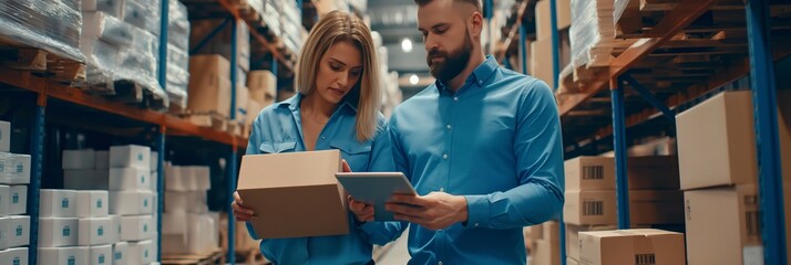 Poster - Two warehouse workers in blue shirts are managing inventory one handles a cardboard box while the other reviews data on a tablet. Shelves are full of organized boxes in a storage setting