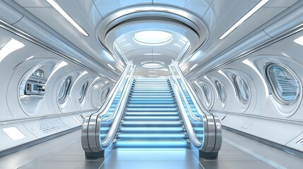 Poster -  A futuristic building's blue-lit ceiling illuminates a set of stairs, leading to escalators