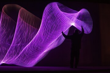 A man in silhouette holds up a purple light painting in the dark, with motion blur and a black background Generative AI