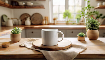 A plain white coffee mug featuring a matte finish, elegantly positioned on a rustic wooden table, showcasing the natural grain and texture of the wood, creating a cozy and inviting atmosphere