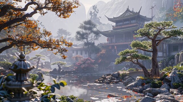 Typical Japanese gardens at first light in the morning. Warm vibes. House lights on. copy space for text.