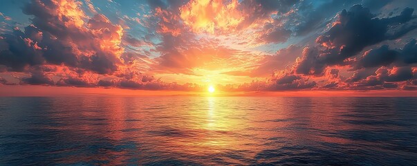 Wall Mural - A breathtaking sunset over the ocean, with vibrant colors and clouds in the sky. The sun is setting behind the horizon, casting long shadows on the water's surface below. 