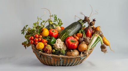 Wall Mural - Basket filled with a variety of fresh vegetables including tomatoes, peppers, zucchini, and root vegetables. The colorful assortment showcases the abundance of a healthy harvest