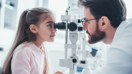 Optometrist examining girl's eyes with a slit lamp in modern clinic setting during routine eye checkup. The girl is sitting still, looking into equipment with focus