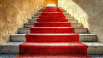 Poster -   A set of red carpeted stairs leads up to a light at the end of a hallway in a building