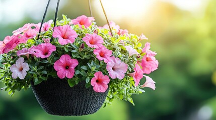 Sticker -   A hanging basket brimming with pink flowers atop a verdant forest abundant with emerald leaves