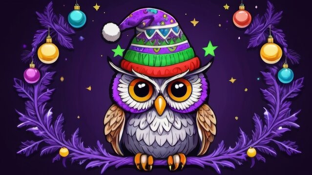 A cute doodle of an owl in a Christmas hat, surrounded by colorful holiday decorations.