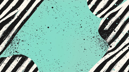 abstract background with black and white striped curves and splatter pattern on light turquoise back