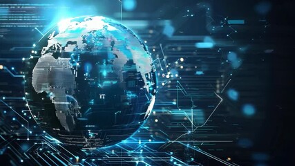 Poster - A digital representation of a globe is surrounded by intricate circuit patterns and luminous connections, embodying modern technology and innovation.