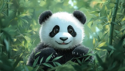 Wall Mural - A cute panda climbing on bamboo