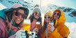 © YURIMA - A group of friends is having a great time on a winter holiday in the snowy mountains, enjoying drinks and relaxation. The scene signifies fun, joy, and bonding amidst the snowy setting