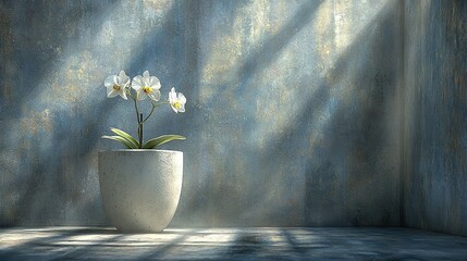 Sticker -  White flowers in white vase on blue background, illuminated by light from window