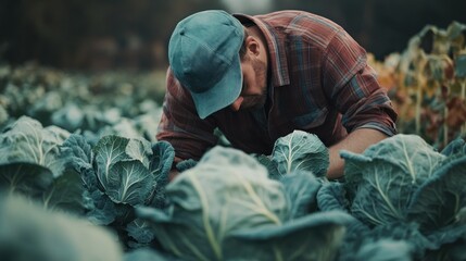 Wall Mural - Farmer Working in Cabbage Field