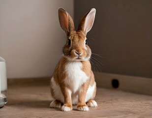 Curious rabbit sitting upright on a wooden surface against a soft beige background in indoor setting