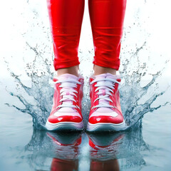 Wall Mural - beautiful women creative sneakers and legs in puddle and splashes of water on white background,