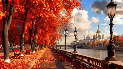 Wall Mural - A picturesque autumn scene of the city's embankment