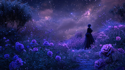Wall Mural - The image depicts a serene, dreamlike scene under a starry night sky. A solitary figure, dressed in a dark, flowing gown, stands on a meandering path surrounded by lush, vibrant roses and other flower