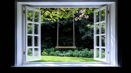 Canvas Print -   An open window with a swing dangling from its side, overlooking a lush green yard and trees