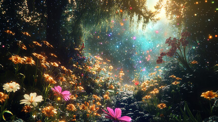 Wall Mural - A magical, whimsical forest scene filled with an abundance of glowing flowers in hues of orange, yellow, pink, and white. This ethereal setting is bathed in soft, radiant light filtering through the d