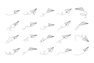 Wall Mural - Hand drawn doodle paper plane set. isolated planes flight path. Line airplane icon travel, route. 