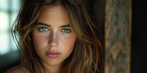 Wall Mural - A captivating close-up portrait of a young woman with striking green eyes, light freckles, and long brown hair, framed by natural light and a blurred background