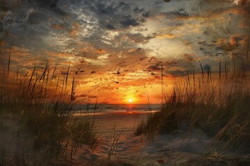 Canvas Print - Sunset over the Ocean with Grass in the Foreground