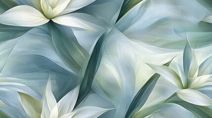 Poster -   A painting of a bouquet of white flowers set against a backdrop of blue and green, with a single white blossom occupying the center of the composition (30 tokens