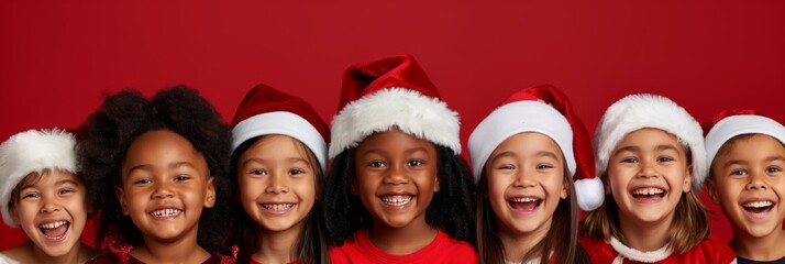 Wall Mural - A group of happy children dressed in Santa hats smiling and having fun on a festive red background. Perfect for holiday promotions, Christmas cards, or festive advertising campaigns.