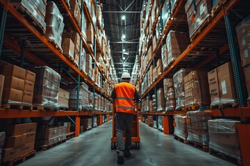 Poster - A warehouse worker in a high-visibility vest managing inventory in a vast warehouse with high-stack shelving. The image depicts logistics, storage, supply chain, and industrial operations.