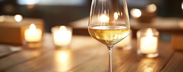 Elegant glass of perfectly chilled white wine on a wooden table surrounded by glowing candles for a warm and cozy ambiance