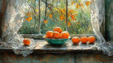 Sticker -  A painting depicts a bowl of oranges placed on a windowsill in front of another windowsill