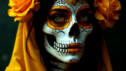 Celebrating Dia de los Muertos with a beautifully decorated sugar skull face in traditional Mexican attire during a vibrant cultural festival