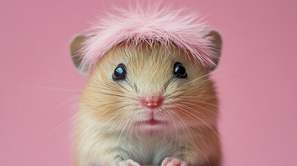 Wall Mural - Cute hamster with pink fur on pink background.