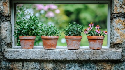 Poster -   A collection of potted plants arranged on a window sill, framing the window