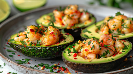 Avocado halves stuffed with shrimp and herbs on a plate