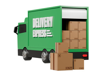 Poster - 3D Green Truck delivery express back door open with parcel box delivery icon on isolated purple background. Online shopping or E-commerce concept. Minimal Cartoon Van truck logistic icon. 3d render.