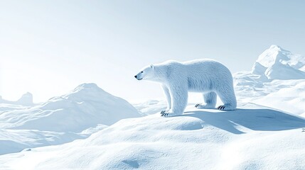 Canvas Print -   A large white polar bear atop a snow-covered hill with mountains in the background and a blue sky