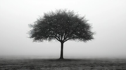 Poster -   Black-and-white image of solitary tree amidst foggy field during hazy day