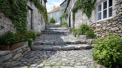 Poster -   A cobblestone street with steps leading to a building adorned with ivy