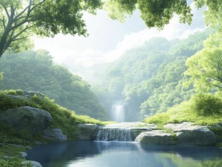 Poster - Bringing serenity through a calming waterfall nestled within a vibrant forest.