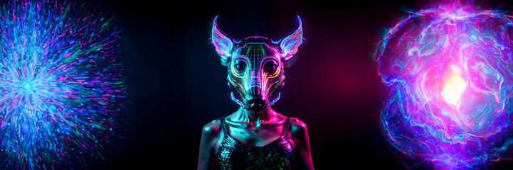 animal mask human silhouette neon night party