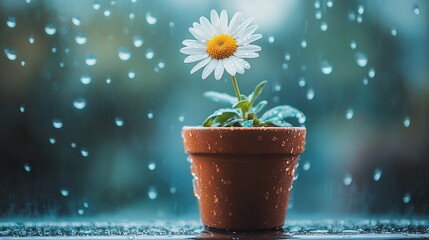 Poster -   A flower in a pot sits on a window sill, facing a rain-soaked window with water droplets on the glass