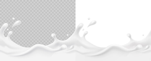 Wall Mural - Milk splash seamless patterns set. 3d realistic yogurt wave borders on transparent and white backgrounds. Vector milky package designs