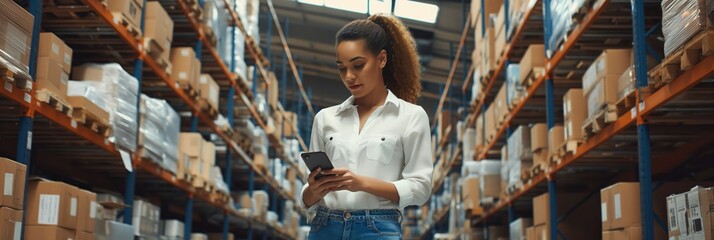 Poster - In a warehouse setting, a woman warehouse worker in casual business attire is focused on her smartphone among neatly packed boxes on shelves. She exemplifies modern efficiency in managing inventory