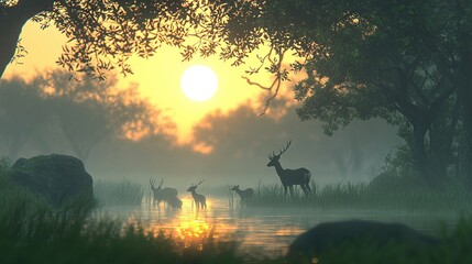 Wall Mural -   A deer herd perches atop a riverbank near a lush forest with varying grass heights