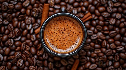 Sticker -   A cup of coffee sits atop a mound of coffee beans alongside cinnamon and another cup of coffee