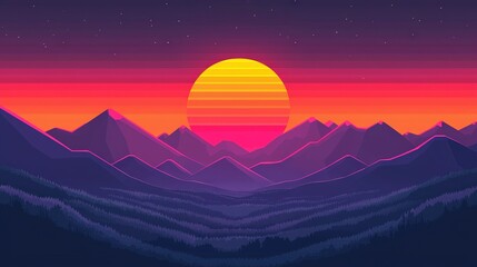 Sticker -   Sunset on mountain range with mountains and forest in fg