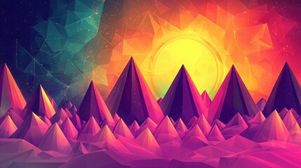 Poster -   Digital mountain painting with bright sun in the center and a starlit sky