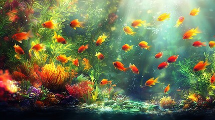 Sticker -   An expansive aquarium brimming with diverse water flora and vibrant yellow-orange fish swimming gracefully